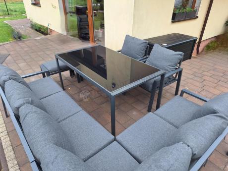 Komplet mebli ogrodowych z narożnikiem i wysokim stołem 160cm, fotelami i pufami Sodor Corner XL - Dark Grey