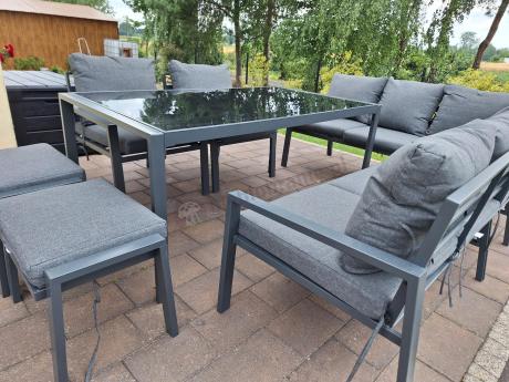 Komplet mebli ogrodowych z narożnikiem i wysokim stołem 160cm, fotelami i pufami Sodor Corner XL - Dark Grey