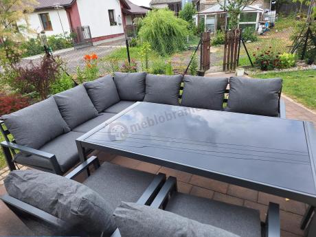 Komplet mebli ogrodowych z narożnikiem i wysokim stołem 160cm, fotelami i pufami Sodor Corner XL - Dark Grey