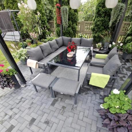 Komplet mebli ogrodowych z narożnikiem i wysokim stołem 160cm, fotelami i pufami Sodor Corner XL - Dark Grey