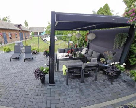 Komplet mebli ogrodowych z narożnikiem i wysokim stołem 160cm, fotelami i pufami Sodor Corner XL - Dark Grey