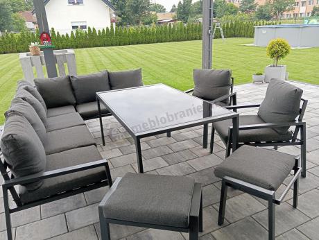Komplet mebli ogrodowych z narożnikiem i wysokim stołem 160cm, fotelami i pufami Sodor Corner XL - Dark Grey