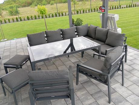 Komplet mebli ogrodowych z narożnikiem i wysokim stołem 160cm, fotelami i pufami Sodor Corner XL - Dark Grey