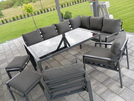 Komplet mebli ogrodowych z narożnikiem i wysokim stołem 160cm, fotelami i pufami Sodor Corner XL - Dark Grey