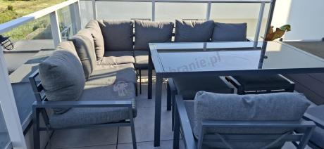 Komplet mebli ogrodowych z narożnikiem i wysokim stołem 160cm, fotelami i pufami Sodor Corner XL - Dark Grey