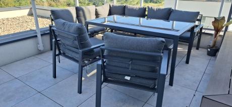 Komplet mebli ogrodowych z narożnikiem i wysokim stołem 160cm, fotelami i pufami Sodor Corner XL - Dark Grey