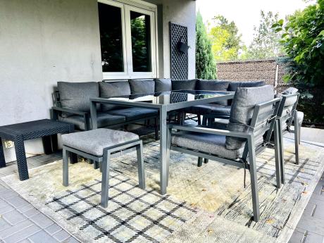 Komplet mebli ogrodowych z narożnikiem i wysokim stołem 160cm, fotelami i pufami Sodor Corner XL - Dark Grey