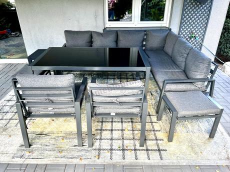 Komplet mebli ogrodowych z narożnikiem i wysokim stołem 160cm, fotelami i pufami Sodor Corner XL - Dark Grey