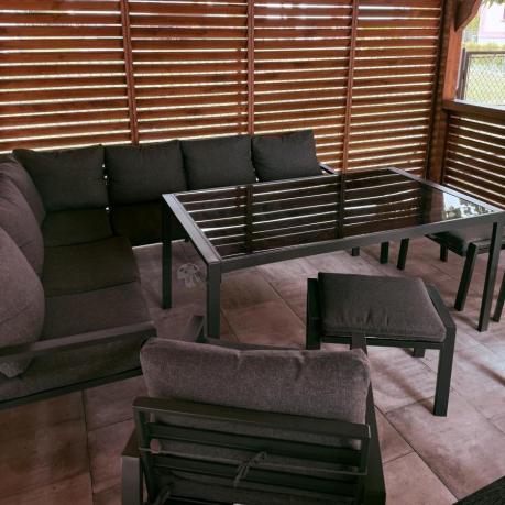 Komplet mebli ogrodowych z narożnikiem i wysokim stołem 160cm, fotelami i pufami Sodor Corner XL - Dark Grey