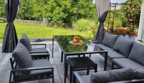 Komplet mebli ogrodowych z narożnikiem i wysokim stołem 160cm, fotelami i pufami Sodor Corner XL - Dark Grey