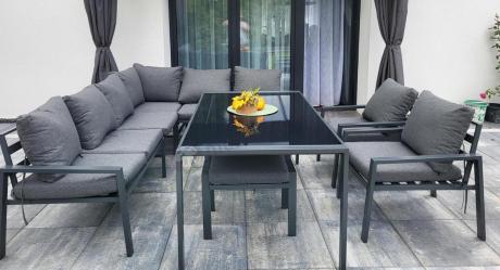 Komplet mebli ogrodowych z narożnikiem i wysokim stołem 160cm, fotelami i pufami Sodor Corner XL - Dark Grey