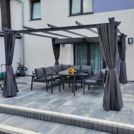 Komplet mebli ogrodowych z narożnikiem i wysokim stołem 160cm, fotelami i pufami Sodor Corner XL - Dark Grey