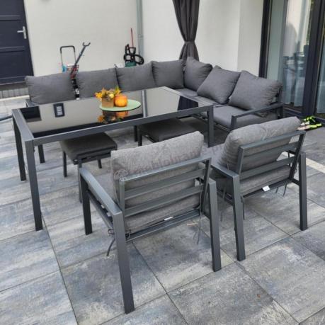 Komplet mebli ogrodowych z narożnikiem i wysokim stołem 160cm, fotelami i pufami Sodor Corner XL - Dark Grey