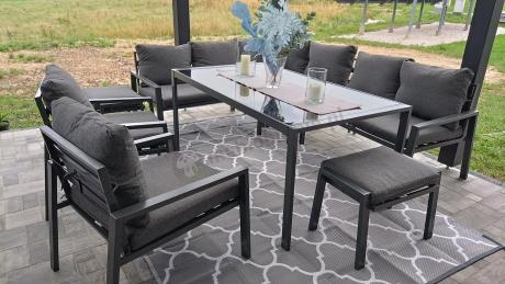 Komplet mebli ogrodowych z narożnikiem i wysokim stołem 160cm, fotelami i pufami Sodor Corner XL - Dark Grey