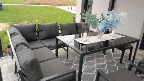 Komplet mebli ogrodowych z narożnikiem i wysokim stołem 160cm, fotelami i pufami Sodor Corner XL - Dark Grey