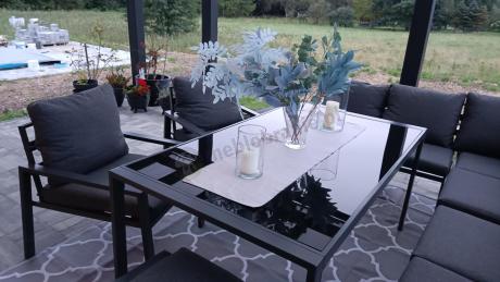 Komplet mebli ogrodowych z narożnikiem i wysokim stołem 160cm, fotelami i pufami Sodor Corner XL - Dark Grey