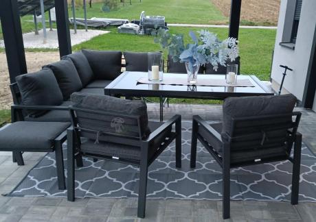 Komplet mebli ogrodowych z narożnikiem i wysokim stołem 160cm, fotelami i pufami Sodor Corner XL - Dark Grey