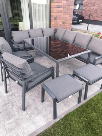 Komplet mebli ogrodowych z narożnikiem i wysokim stołem 160cm, fotelami i pufami Sodor Corner XL - Dark Grey