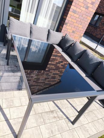 Komplet mebli ogrodowych z narożnikiem i wysokim stołem 160cm, fotelami i pufami Sodor Corner XL - Dark Grey