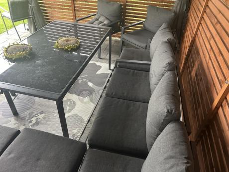 Komplet mebli ogrodowych z narożnikiem i wysokim stołem 160cm, fotelami i pufami Sodor Corner XL - Dark Grey