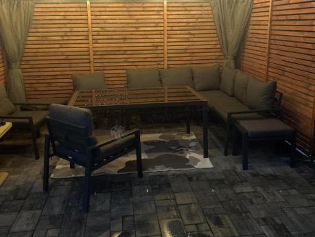 Komplet mebli ogrodowych z narożnikiem i wysokim stołem 160cm, fotelami i pufami Sodor Corner XL - Dark Grey