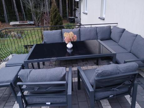 Komplet mebli ogrodowych z narożnikiem i wysokim stołem 160cm, fotelami i pufami Sodor Corner XL - Dark Grey