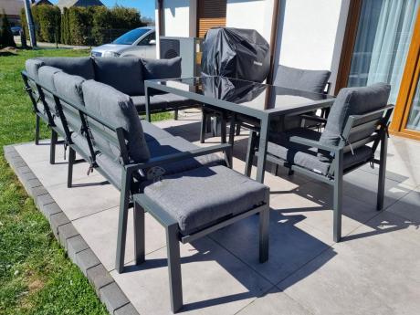 Komplet mebli ogrodowych z narożnikiem i wysokim stołem 160cm, fotelami i pufami Sodor Corner XL - Dark Grey