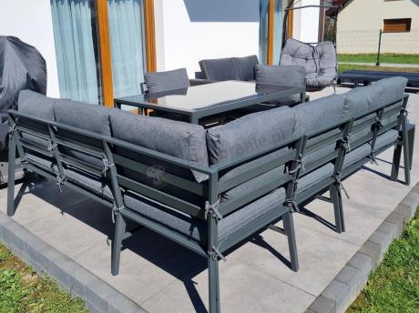 Komplet mebli ogrodowych z narożnikiem i wysokim stołem 160cm, fotelami i pufami Sodor Corner XL - Dark Grey