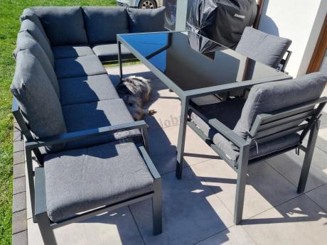 Komplet mebli ogrodowych z narożnikiem i wysokim stołem 160cm, fotelami i pufami Sodor Corner XL - Dark Grey