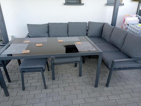 Komplet mebli ogrodowych z narożnikiem i wysokim stołem 160cm, fotelami i pufami Sodor Corner XL - Dark Grey