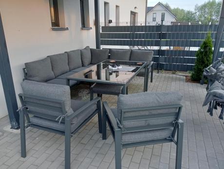 Komplet mebli ogrodowych z narożnikiem i wysokim stołem 160cm, fotelami i pufami Sodor Corner XL - Dark Grey