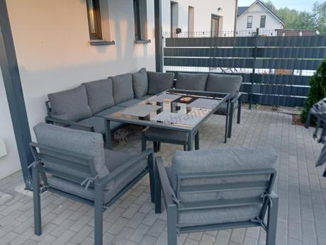 Komplet mebli ogrodowych z narożnikiem i wysokim stołem 160cm, fotelami i pufami Sodor Corner XL - Dark Grey