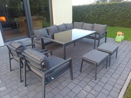 Komplet mebli ogrodowych z narożnikiem i wysokim stołem 160cm, fotelami i pufami Sodor Corner XL - Dark Grey