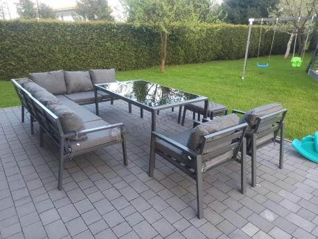 Komplet mebli ogrodowych z narożnikiem i wysokim stołem 160cm, fotelami i pufami Sodor Corner XL - Dark Grey