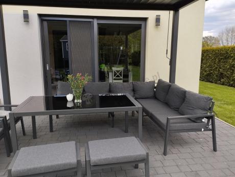 Komplet mebli ogrodowych z narożnikiem i wysokim stołem 160cm, fotelami i pufami Sodor Corner XL - Dark Grey