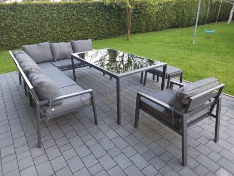 Komplet mebli ogrodowych z narożnikiem i wysokim stołem 160cm, fotelami i pufami Sodor Corner XL - Dark Grey