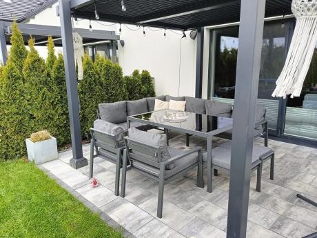 Komplet mebli ogrodowych z narożnikiem i wysokim stołem 160cm, fotelami i pufami Sodor Corner XL - Dark Grey