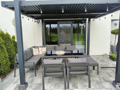 Komplet mebli ogrodowych z narożnikiem i wysokim stołem 160cm, fotelami i pufami Sodor Corner XL - Dark Grey