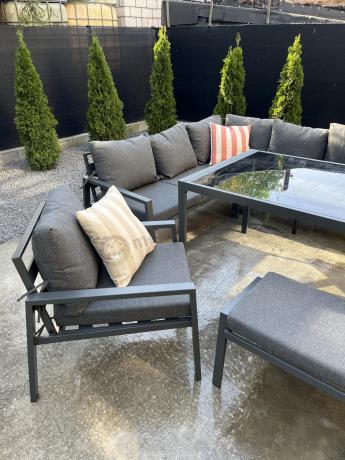 Komplet mebli ogrodowych z narożnikiem i wysokim stołem 160cm, fotelami i pufami Sodor Corner XL - Dark Grey