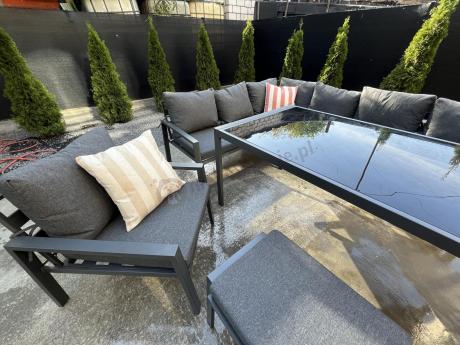 Komplet mebli ogrodowych z narożnikiem i wysokim stołem 160cm, fotelami i pufami Sodor Corner XL - Dark Grey