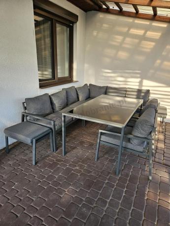 Komplet mebli ogrodowych z narożnikiem i wysokim stołem 160cm, fotelami i pufami Sodor Corner XL - Dark Grey