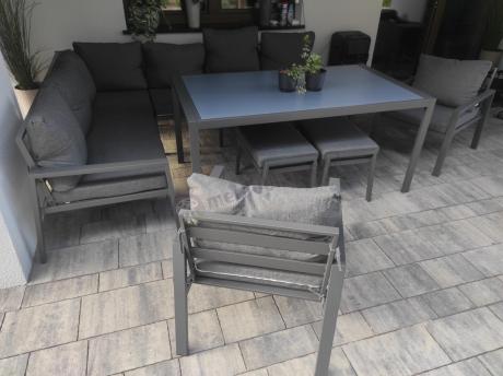Komplet mebli ogrodowych z narożnikiem i wysokim stołem 160cm, fotelami i pufami Sodor Corner XL - Dark Grey