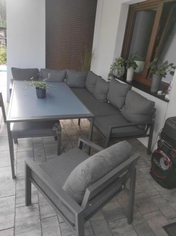Komplet mebli ogrodowych z narożnikiem i wysokim stołem 160cm, fotelami i pufami Sodor Corner XL - Dark Grey