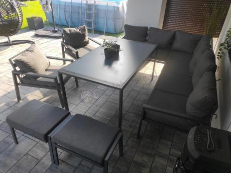 Komplet mebli ogrodowych z narożnikiem i wysokim stołem 160cm, fotelami i pufami Sodor Corner XL - Dark Grey