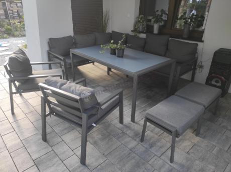 Komplet mebli ogrodowych z narożnikiem i wysokim stołem 160cm, fotelami i pufami Sodor Corner XL - Dark Grey