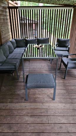 Komplet mebli ogrodowych z narożnikiem i wysokim stołem 160cm, fotelami i pufami Sodor Corner XL - Dark Grey