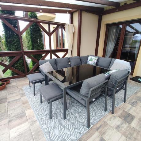 Komplet mebli ogrodowych z narożnikiem i wysokim stołem 160cm, fotelami i pufami Sodor Corner XL - Dark Grey