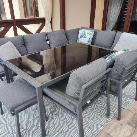Komplet mebli ogrodowych z narożnikiem i wysokim stołem 160cm, fotelami i pufami Sodor Corner XL - Dark Grey
