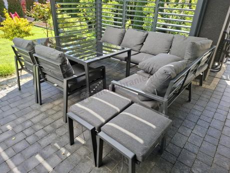 Komplet mebli ogrodowych z narożnikiem i wysokim stołem 160cm, fotelami i pufami Sodor Corner XL - Dark Grey