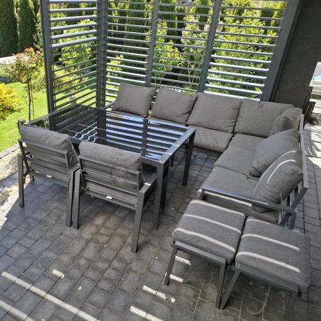 Komplet mebli ogrodowych z narożnikiem i wysokim stołem 160cm, fotelami i pufami Sodor Corner XL - Dark Grey